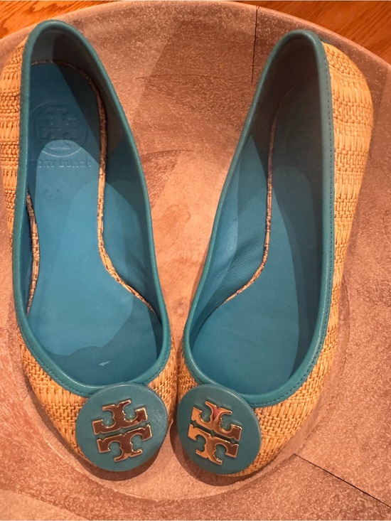 Tory Burch Shoes - Tory Burch Teal Raffia Logo Ballet Flats